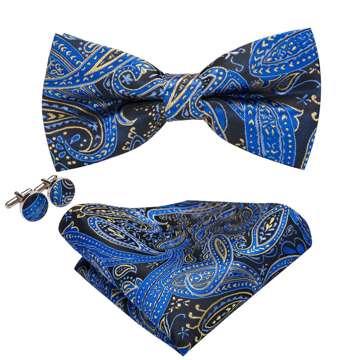blue yellow paisley mens silk bow tie pocket square cufflinks set for mens suit