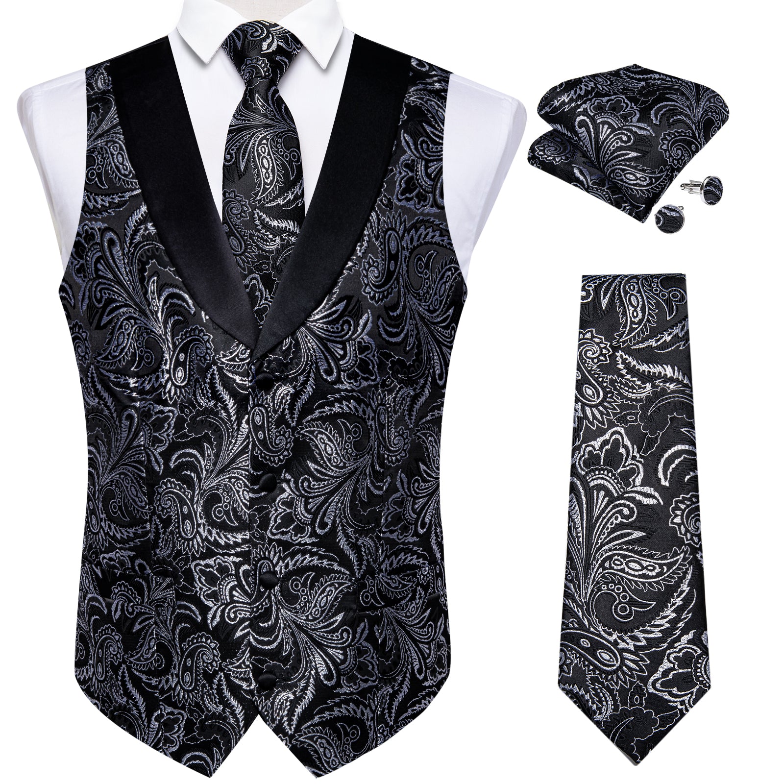 Ties2you Mens Black Dress Vest Grey Paisley Jacquard Collar Vest Tie H