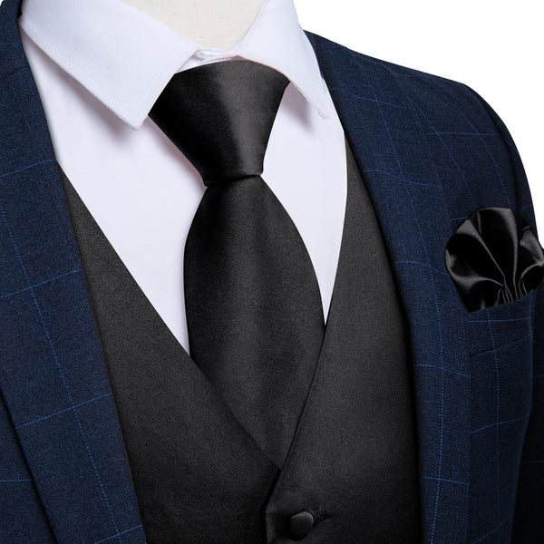 Classic Black Solid Satin Men's Vest Tie Set