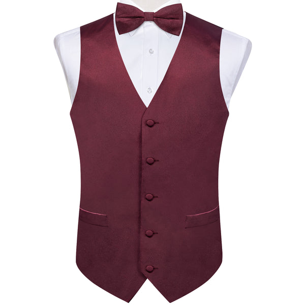 Satin Burgundy Red Solid Men's Vest Bow Tie Set