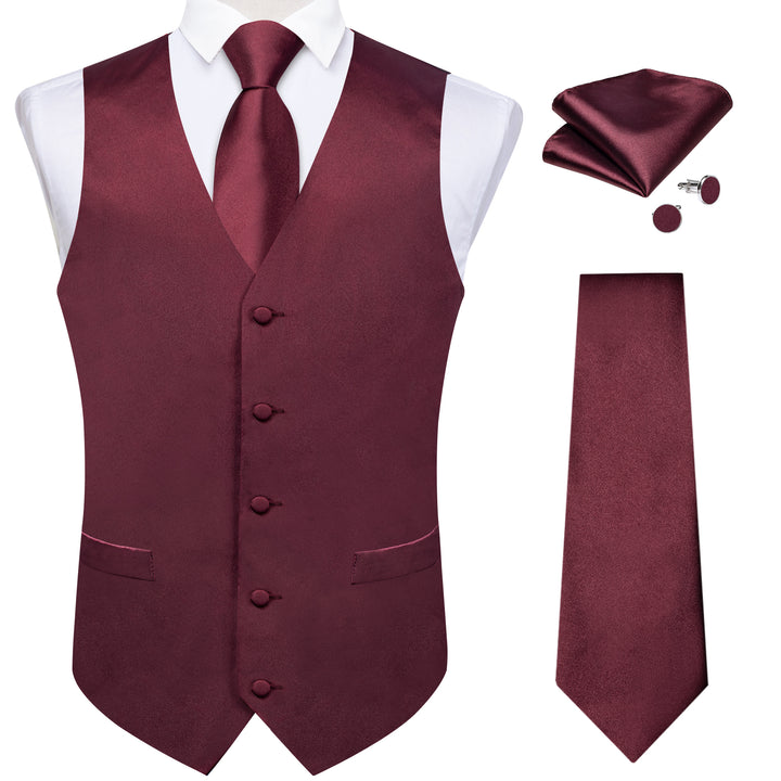 Burgundy solid vest red silk mens waistcoat handkerchief cufflinks set for wedding business office