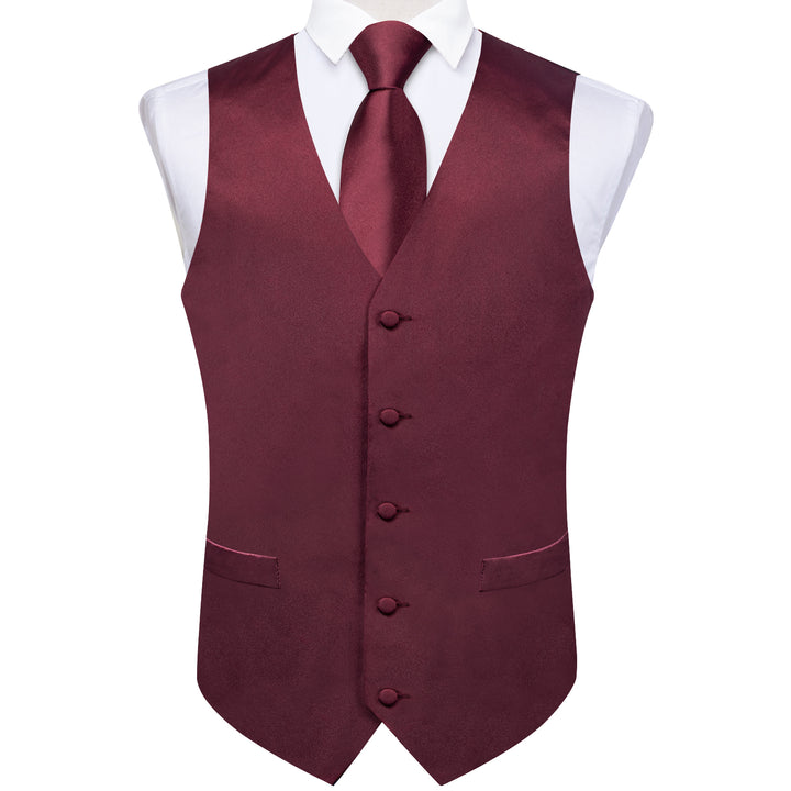 Burgundy solid vest red silk mens waistcoat handkerchief cufflinks set for wedding business office