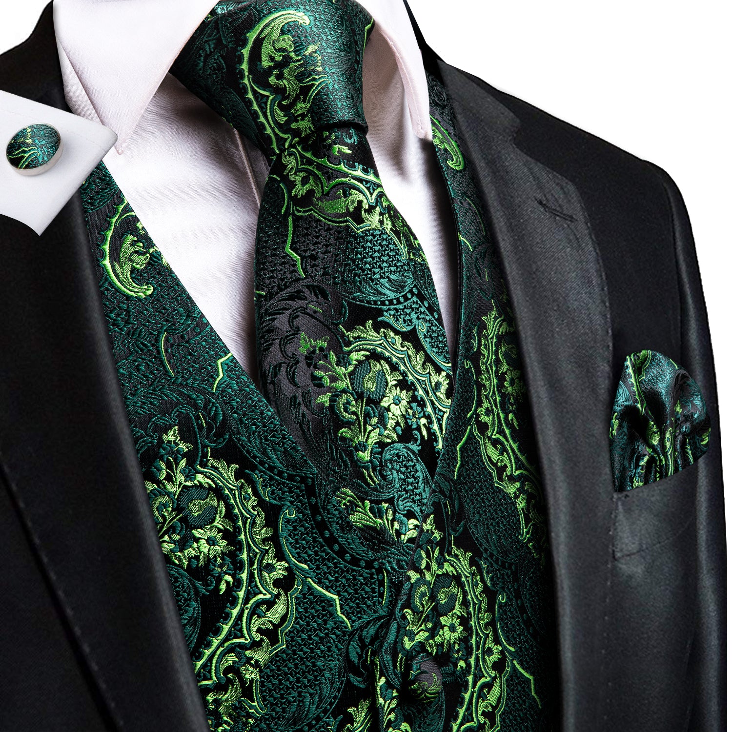 Plus Size Mens Gold Black Flora Silk V Neck Vest Suit Waistcoat Necktie  Square Hanky Cufflinks 4pcs Set For Wedding Suit Set, Buy More, Save More