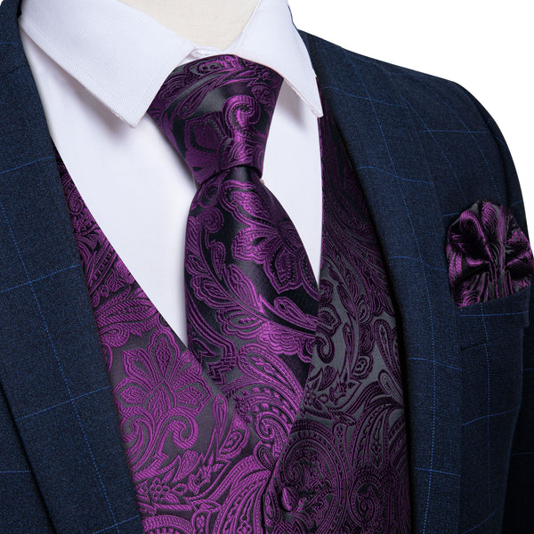 Dark Purple Paisley Men's Vest Tie Hanky Cufflinks Set Waistcoat Suit Set