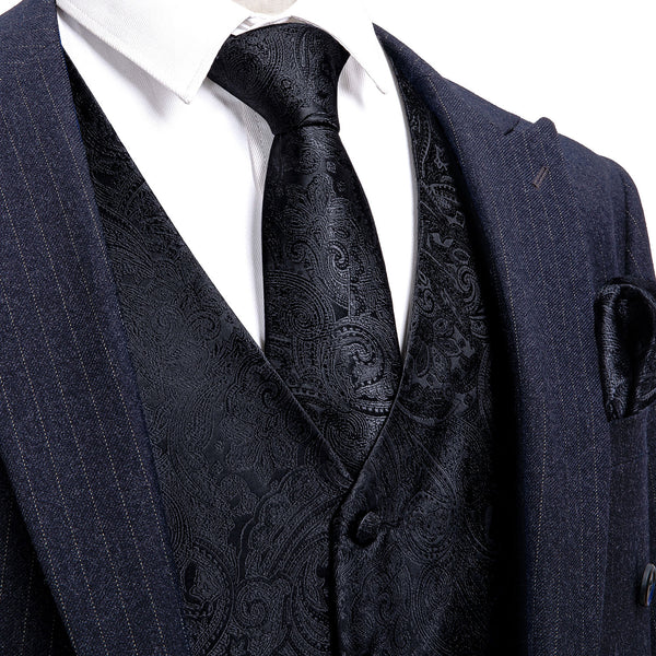 Classic Black Paisley Men's Vest Tie Hanky Cufflinks Set Waistcoat Suit Set