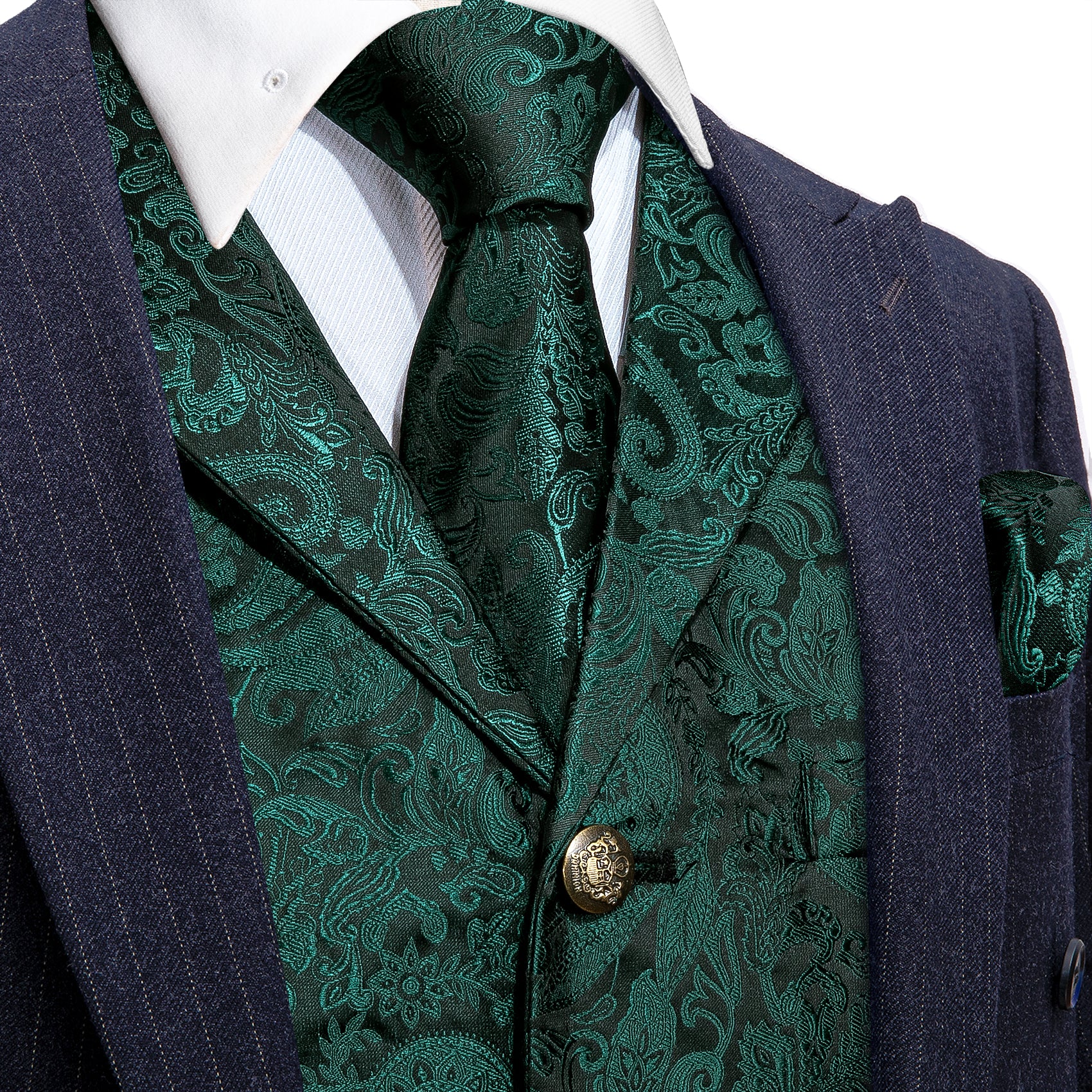 Dark Green Paisley Jacquard Silk Men's Vest Hanky Cufflinks Tie Set Dark Green Paisley Jacquard Silk Men's Vest Hanky Cufflinks Tie Set