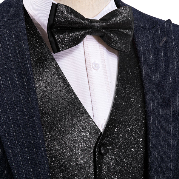 Shining Black Glitter Solid Jacquard Silk Men's Vest Bow Tie Handkerchief Cufflinks Set Waistcoat Suit Set