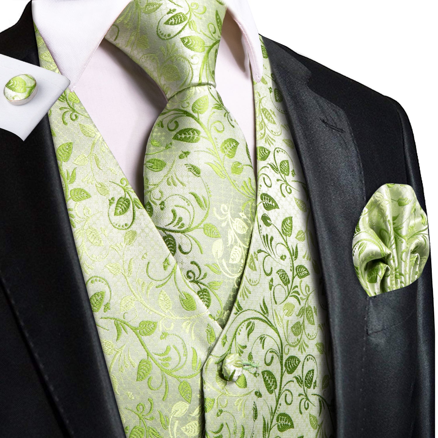 Apple Green Floral Jacquard Silk Men's Vest Hanky Cufflinks Tie Set –  ties2you