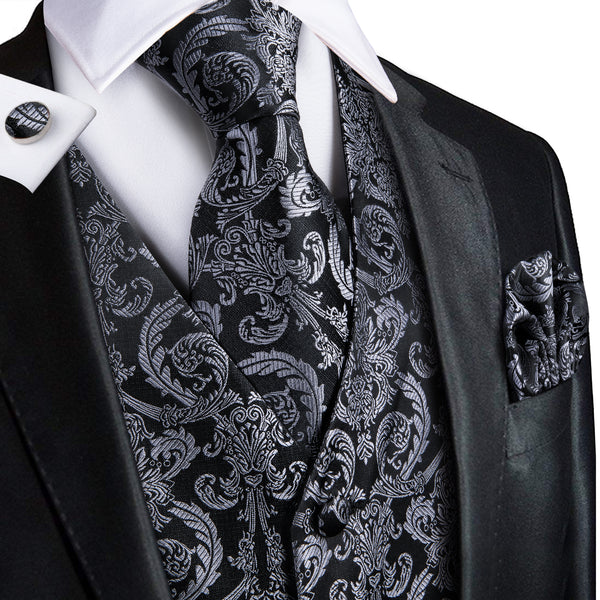 black grey floral silk vest men