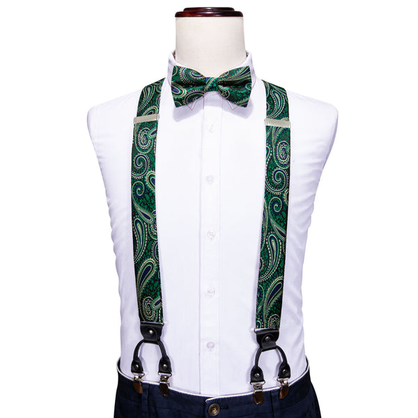 Black Green Paisley Y Back Brace Clip-on Men's Suspender with Bow Tie Set