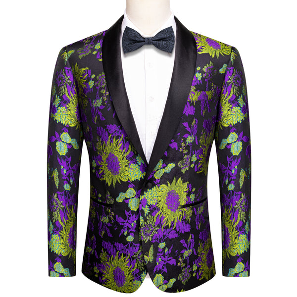 Black Green Purple Floral mens Shawl Collar suit