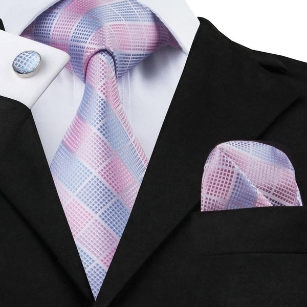black suit with tie blue pink plaid silk tie