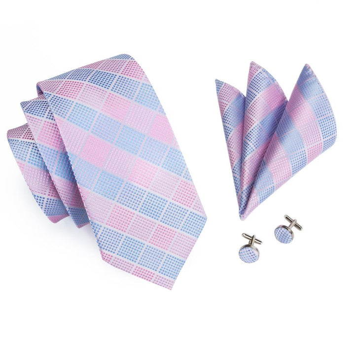 pink blue plaid mens silk tie designs handkerchief cufflinks set for suit