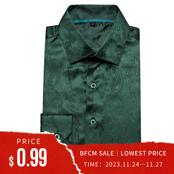 Ties2you Classic Green Paisley Pattern Silk Men's Long Sleeve Shirt