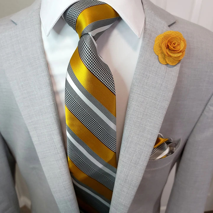 Grey Yellow White Striped Silk Ties Pocket Square Cufflinks Set and mens lapel pin for mens grey suit