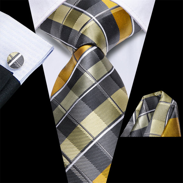 Ties2you Amber Glow Gray Plaid Silk Men's Necktie Pocket Square Cufflinks Set