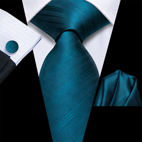 Ties2you Deep Teal Blue Striped Men's Necktie Hanky Cufflinks Set