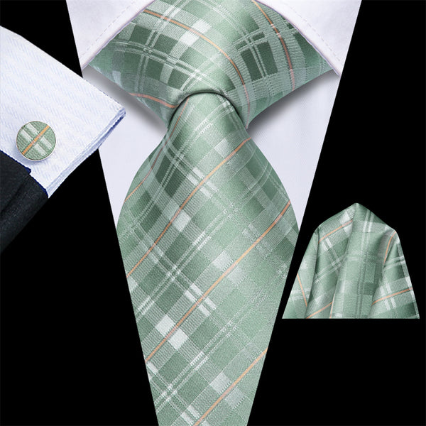 Ties2you Light Sage Green Plaid Silk Men's Necktie Pocket Square Cufflinks Set