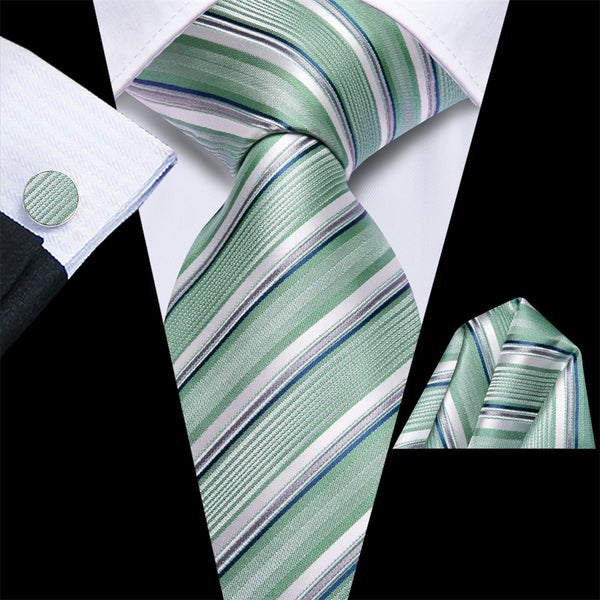 Ties2you Celadon Green Blue Striped Men's Necktie Pocket Square Cufflinks Set