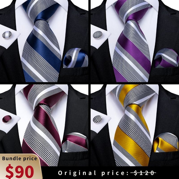 4PCS Ties2you Classic Striped Necktie Cufflinks Hanky Set