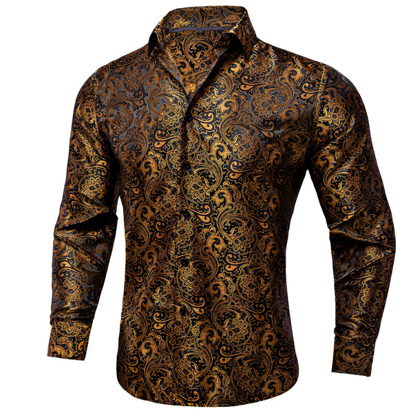 Black Golden Floral Silk Men's Long Sleeve Shirt