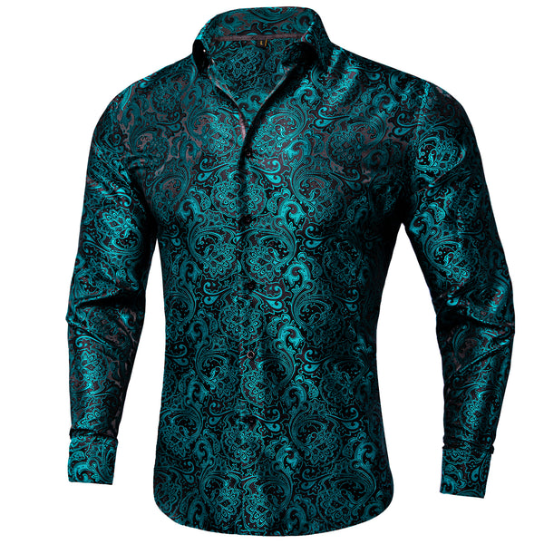Black Teal Blue Floral Silk Men's Long Sleeve Shirt