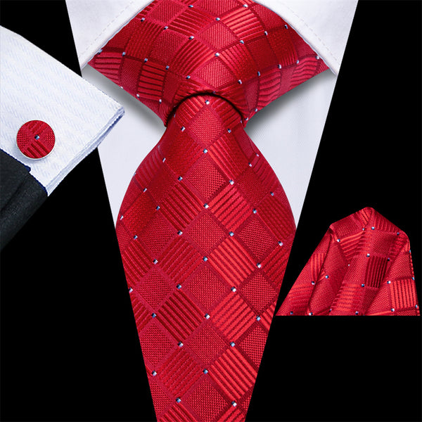 Ties2you Blood Red Plaid Silk Men's Necktie Hanky Cufflinks Set