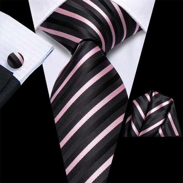 Ties2you Black Pink Striped Men's Necktie Hanky Cufflinks Set