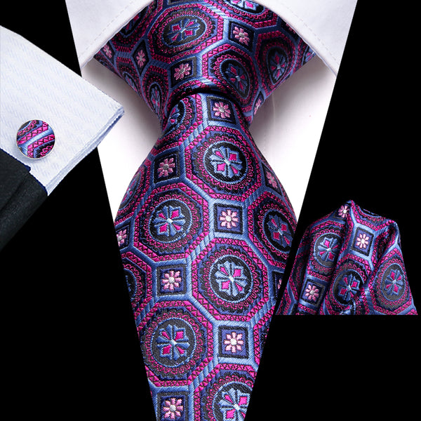 Ties2you Purple Tie Sky Blue Geometry Silk Tie Pocket Square Cufflinks Set