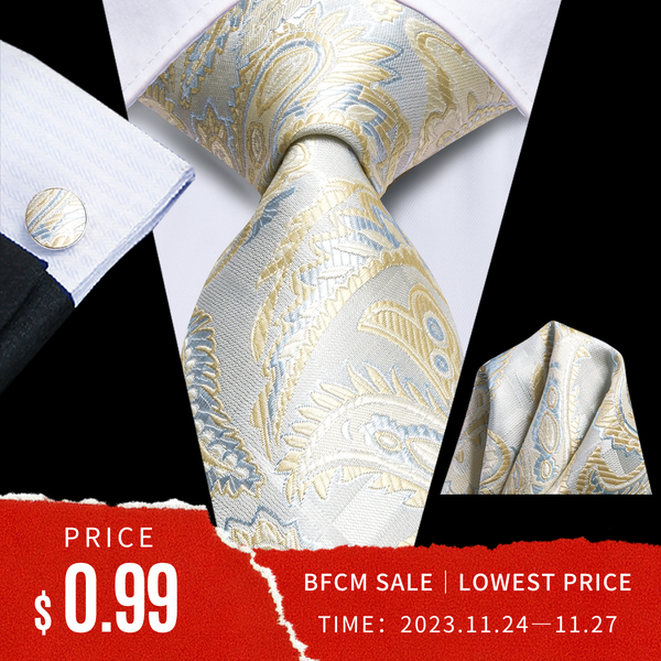 Ties2you Champagne White Paisley Tie Pocket Square Cufflinks Set