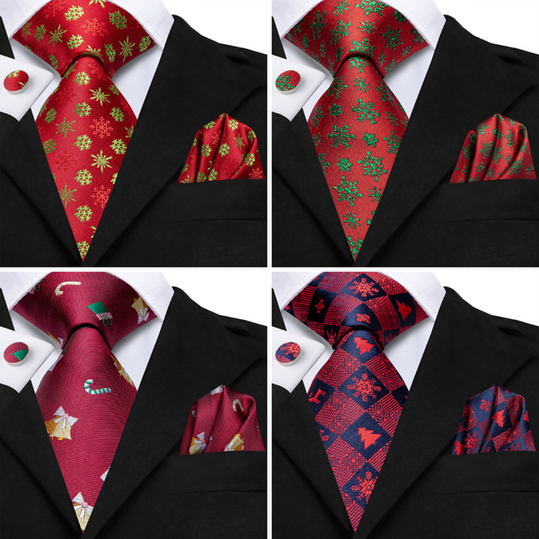 2023 4PCS Ties2you Red Christmas Necktie Cufflinks Hanky Set