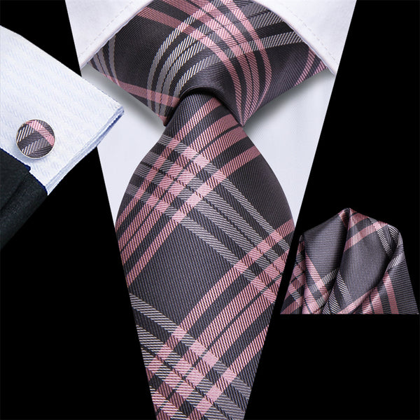 Ties2you Pink Charcoal Plaid Silk Men's Necktie Hanky Cufflinks Set