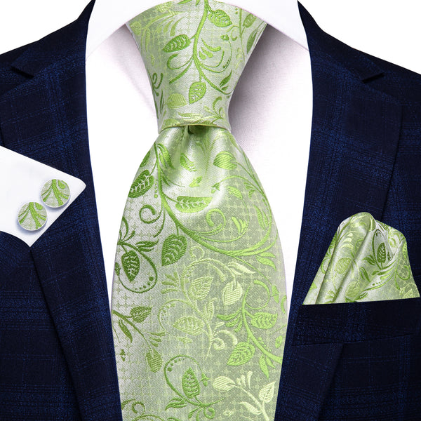 Light Lime Floral Men's 63 Inches Extra Length Tie Handkerchief Cufflinks Set