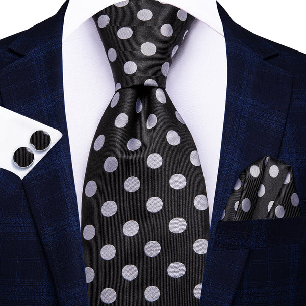 Ties2you Black Tie White Polka Dots Men's 63 Inches Extra Long Tie Handkerchief Cufflinks Set Classic