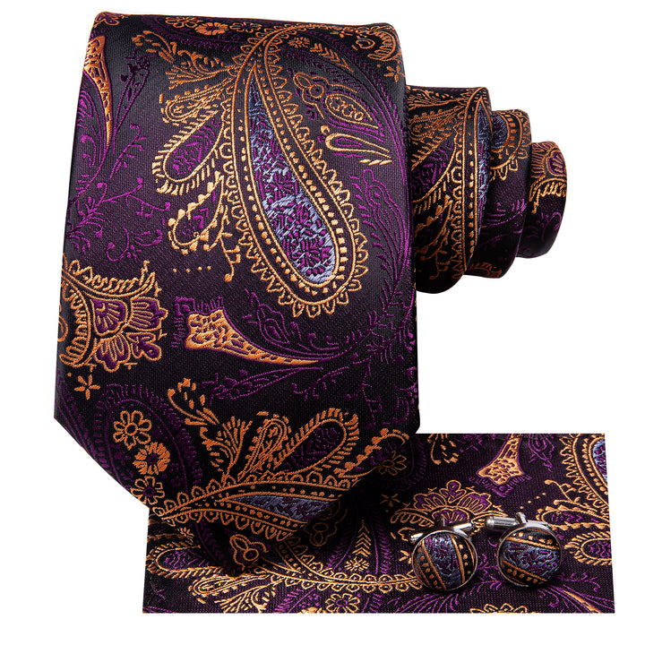 Purple Brown Paisley Mens Silk Tie Pocket Square Cufflinks Set for Mens Suit Dress