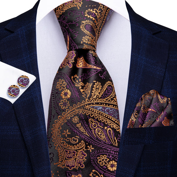 Purple Brown Paisley Men's 63 Inches Extra Length Tie Handkerchief Cufflinks Set