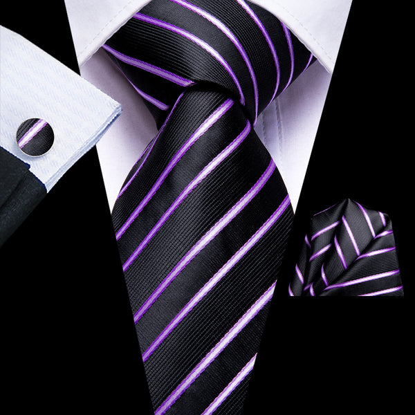 Black Purple Striped Men's 63 Inches Extra Length Tie Handkerchief Cufflinks Set