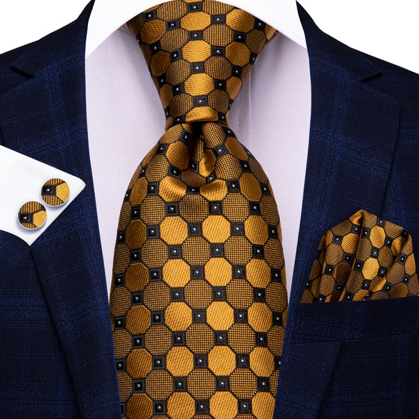 Black Dijion Yellow Geometric Men's 63 Inches Extra Length Tie Handkerchief Cufflinks Set