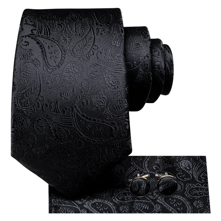 Classic Black Paisley silk tie pocket square cufflinks set for mens suit