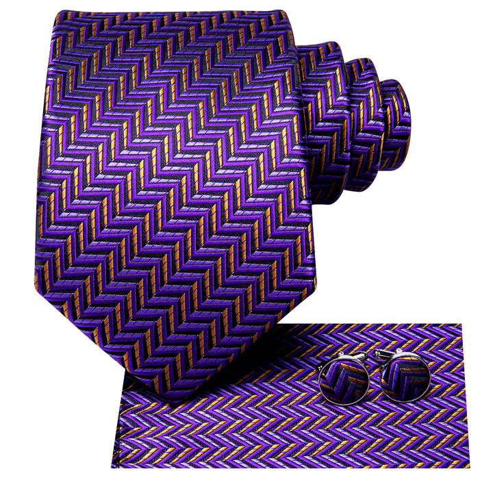 Extra Long Tie Purple Orange Striped 63 Inches Men's Silk Tie Handkerchief Cufflinks Set