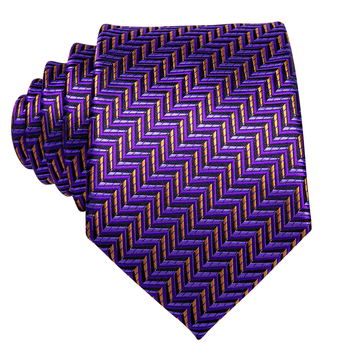 Extra Long Tie Purple Orange Striped 63 Inches Men's Silk Tie Handkerchief Cufflinks Set