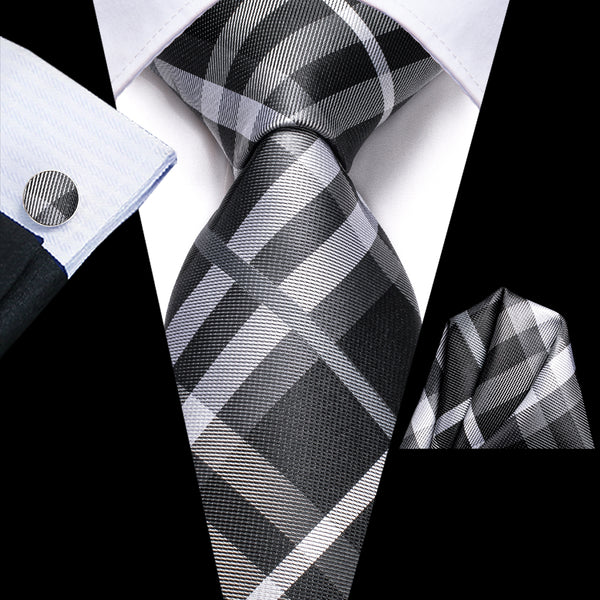 Black Grey White Plaid Men's 63 Inches Extra Length Tie Handkerchief Cufflinks Set