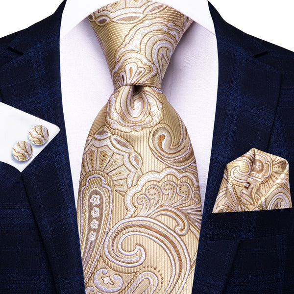 Extra Long Tie Cream Brown Floral 63 Inches Men's Silk Tie Hanky Cufflinks Set