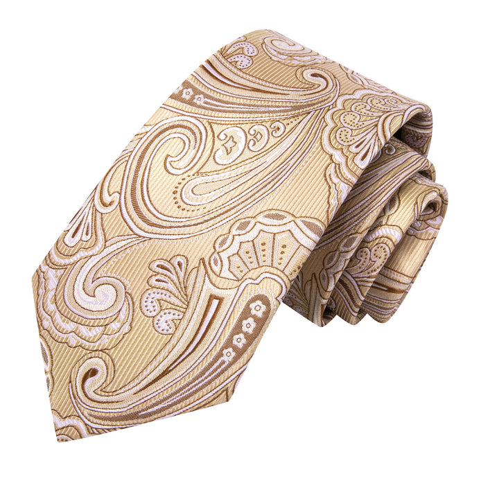Extra Long Tie Cream Brown Floral 63 Inches Men's Silk Tie Hanky Cufflinks Set