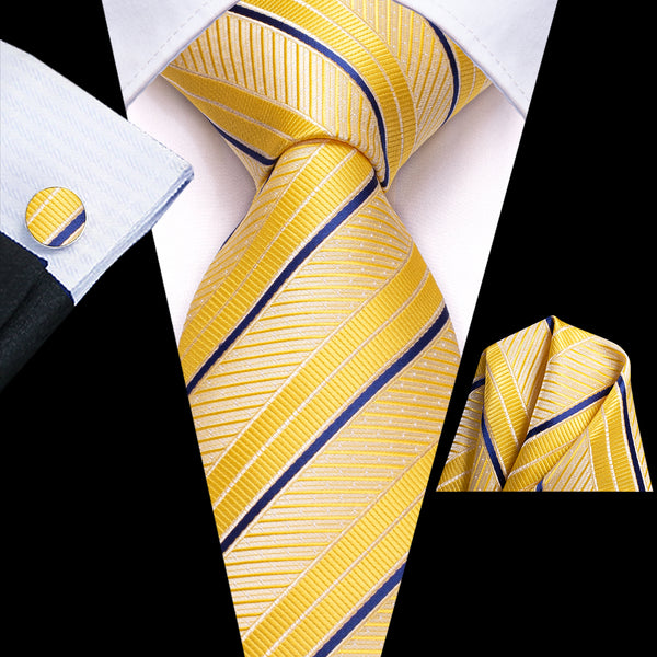 Gloss Butter Yellow Blue Striped Men's 63 Inches Extra Length Tie Handkerchief Cufflinks Set