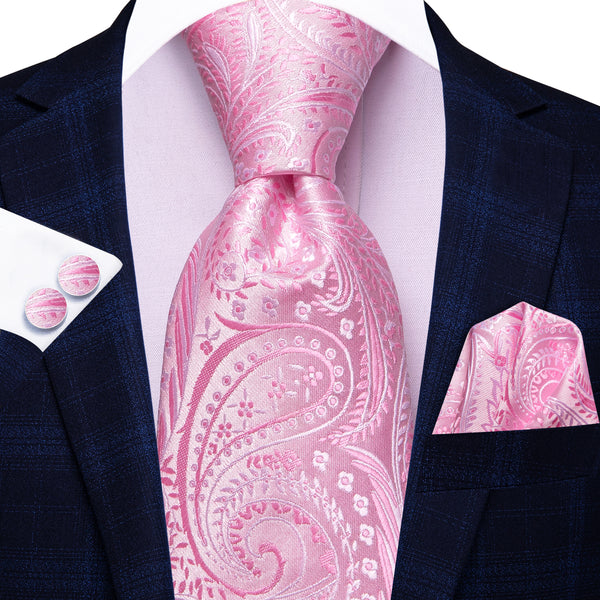 Pink Paisley Men's 63 Inches Extra Length Tie Handkerchief Cufflinks Set