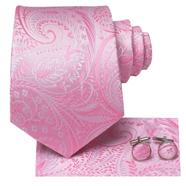 Extra Long Tie Pink Paisley 63 Inches Men's Silk Tie Handkerchief Cufflinks Set