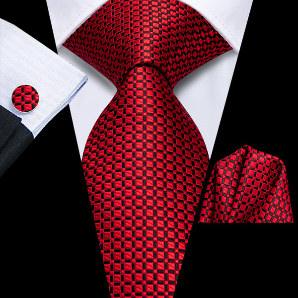 Red Black Plaid Men's 63 Inches Extra Length Tie Handkerchief Cufflinks Set