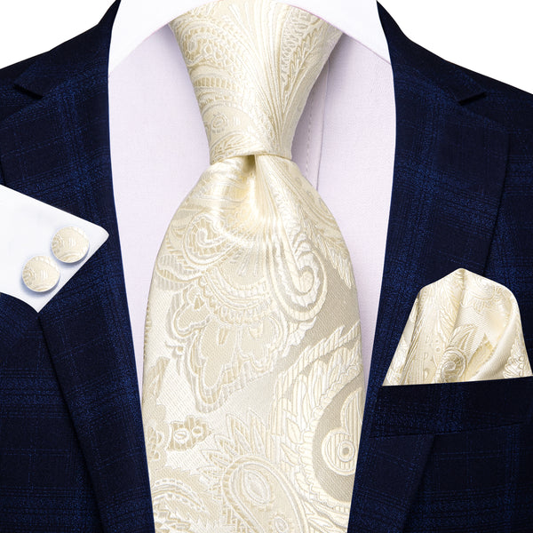 Linen White Paisley Men's 63 Inches Extra Length Tie Handkerchief Cufflinks Set