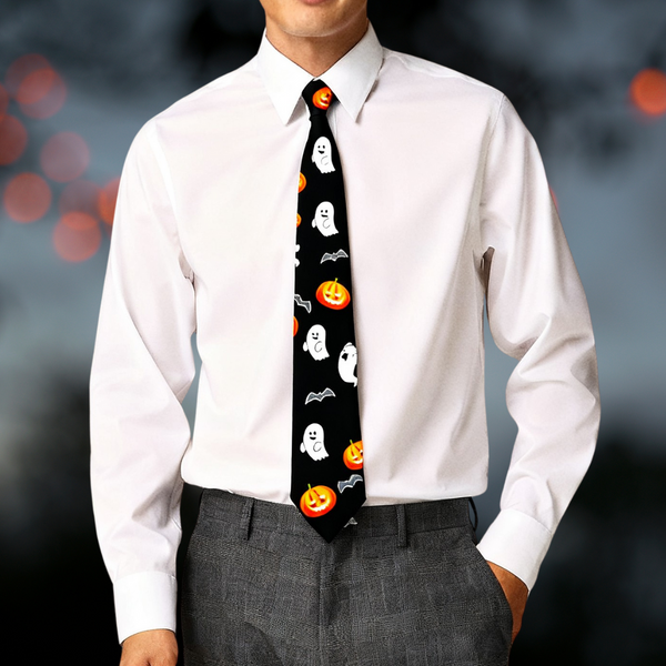 Halloween Necktie Black Orange Ghost and Jack-O-Lantern Necktie Hanky Cufflinks Set